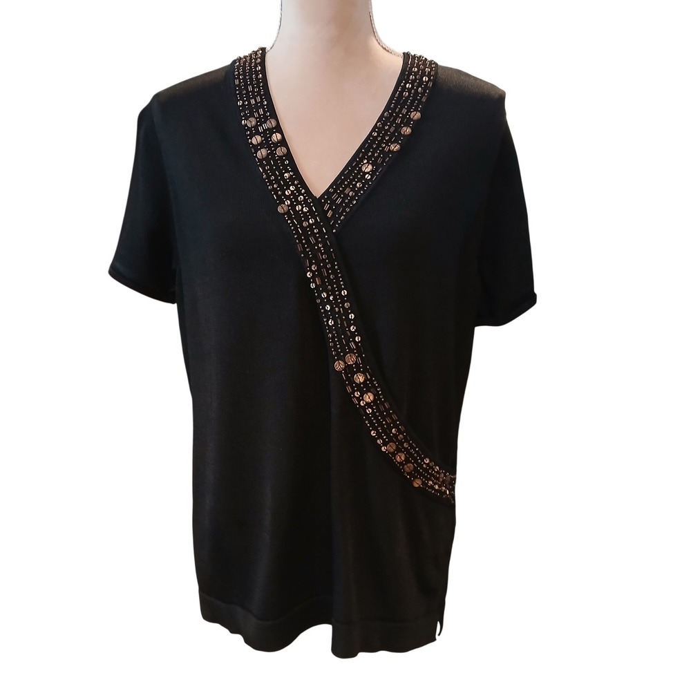 JNY Black Beaded V-Neck Faux Wrap Knit Top Short Sleeve Embellished Blouse 0x XL